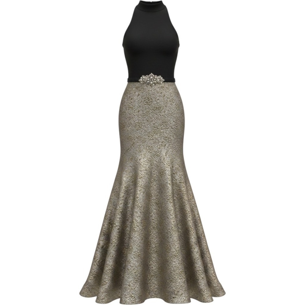 Theia Black Gold Brocade Mermaid Gown Halter Neck Rhinestone Applique Waist Sz 0